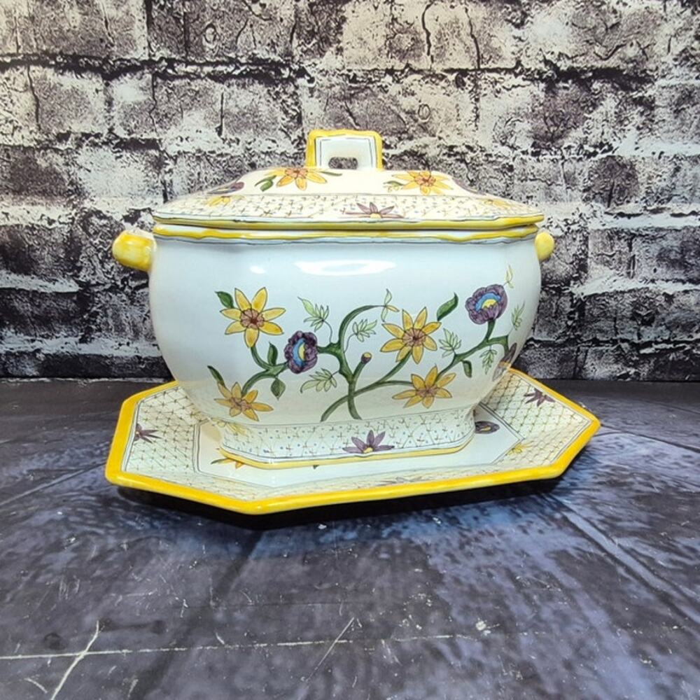 Vintage Hand Painted Ceramic Tureen with underplate by Lis Ceramica